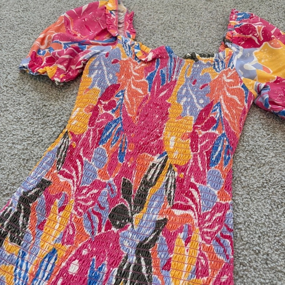 Maaji Clarissa Mini Dress Womens S Pink Tropical Ruched Smocked Resort Vacation - Picture 7 of 7